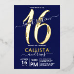 Invitation En Aluminium Simple Real Gold Marine bleu doux 16 Anniversaire<br><div class="desc">Cette invitation simple, girly et élégante à la fête d'anniversaire de sweet sixteen est parfaite pour la journée spéciale de votre fille. Il comporte une véritable feuille d'or, "16", et le nom de votre fille, ainsi qu'une typographie de script signature sur le dessus d'un arrière - plan bleu marine. C'est...</div>