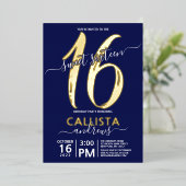 Invitation En Aluminium Simple Real Gold Marine bleu doux 16 Anniversaire (Debout devant)