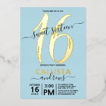 Invitation En Aluminium Simple Real Gold Pastel Blue Sweet 16 Anniversaire<br><div class="desc">Cette invitation simple, girly et élégante à la fête d'anniversaire de sweet sixteen est parfaite pour la journée spéciale de votre fille. Il comporte une véritable feuille d'or, "16", et le nom de votre fille, ainsi qu'une typographie de script signature sur le dessus d'un arrière - plan bleu pastel. C'est...</div>