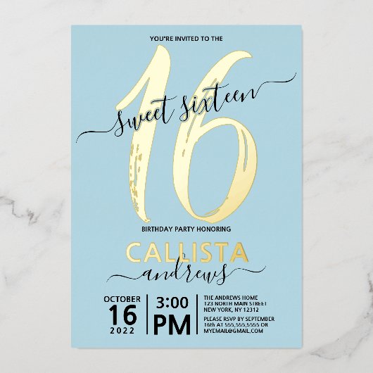 Invitation En Aluminium Simple Real Gold Pastel Blue Sweet 16 Anniversaire (Recto)