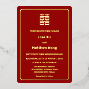 Invitation En Aluminium Simple Red Gold Mariage Chinois