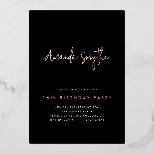 Invitation En Aluminium Simple Rose Gold et Noir 16e fête d'anniversaire (Recto)