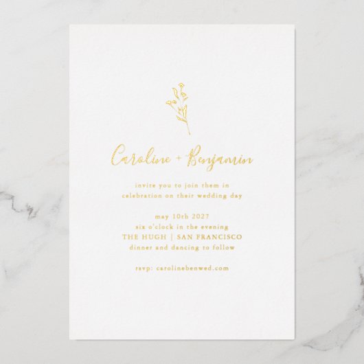 Invitation En Aluminium Simple Script Botanique Bohème Élégant Mariage Or (Recto)