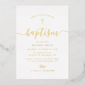 Invitation En Aluminium simple script croix d'or baptême (Recto)