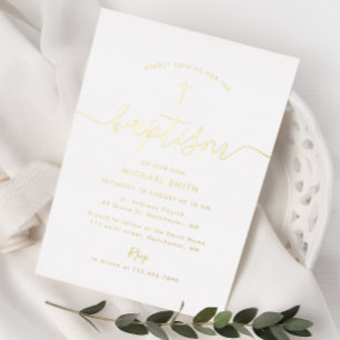 Invitation En Aluminium simple script croix d'or baptême