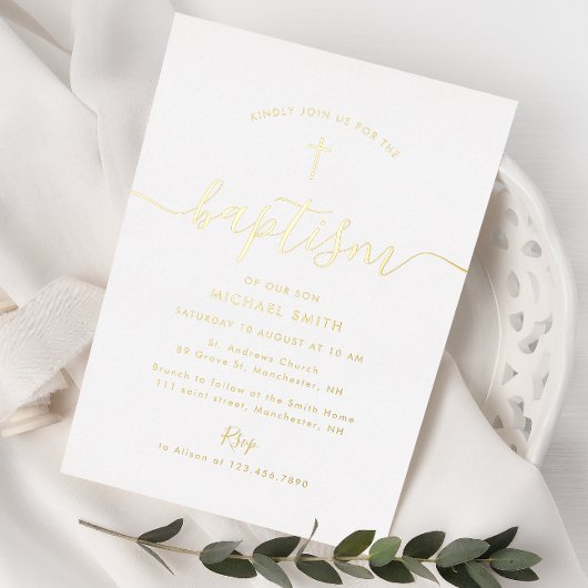 Invitation En Aluminium simple script croix d'or baptême