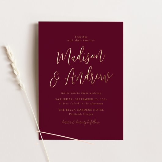 Invitation En Aluminium Simple Script Mariage Bordeaux et Or