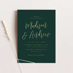 Invitation En Aluminium Simple Script Mariage Vert Forêt et Or
