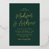 Invitation En Aluminium Simple Script Mariage Vert Forêt et Or (Recto)