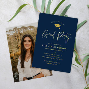 Invitation En Aluminium Simple Script Navy Blue Photo Graduation