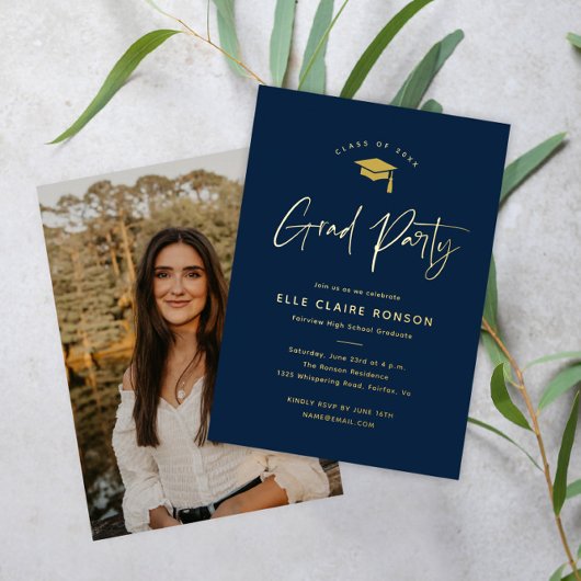 Invitation En Aluminium Simple Script Navy Blue Photo Graduation