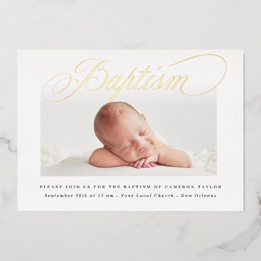 Invitation En Aluminium Simple Subtle Cross One Photo Baptism Gold (Recto)