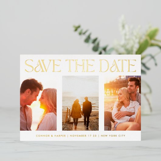 Invitation En Aluminium Simple Trois Multiphoto Enregistrer La Date VRAI (Debout devant)