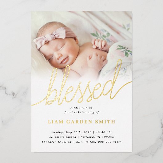 Invitation En Aluminium Simple Une Photo Béni Baptême Or (Recto)