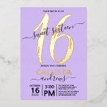 Invitation En Aluminium Simple Véritable Lavande Or Douce 16 Anniversaire<br><div class="desc">Cette invitation simple, girly et élégante à la fête d'anniversaire de sweet sixteen est parfaite pour la journée spéciale de votre fille. Il comporte une véritable feuille d'or, "16", et le nom de votre fille, ainsi qu'une typographie de script signature sur le dessus d'un arrière - plan lavande violet. C'est...</div>