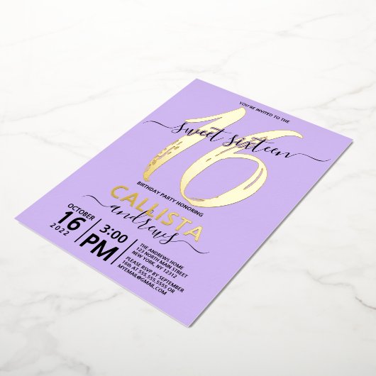 Invitation En Aluminium Simple Véritable Lavande Or Douce 16 Anniversaire (Rotation)