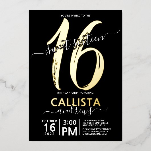 Invitation En Aluminium Simple Vrai Or Black Sweet 16 Anniversaire (Recto)