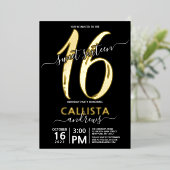 Invitation En Aluminium Simple Vrai Or Black Sweet 16 Anniversaire (Debout devant)