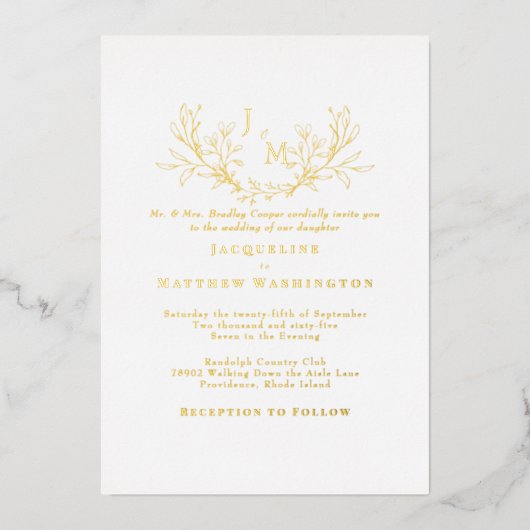 Invitation En Aluminium Simplement Elegant Foliage Blanc Mariage Or (Recto)