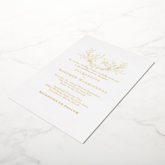 Invitation En Aluminium Simplement Elegant Foliage Blanc Mariage Or (Rotation)