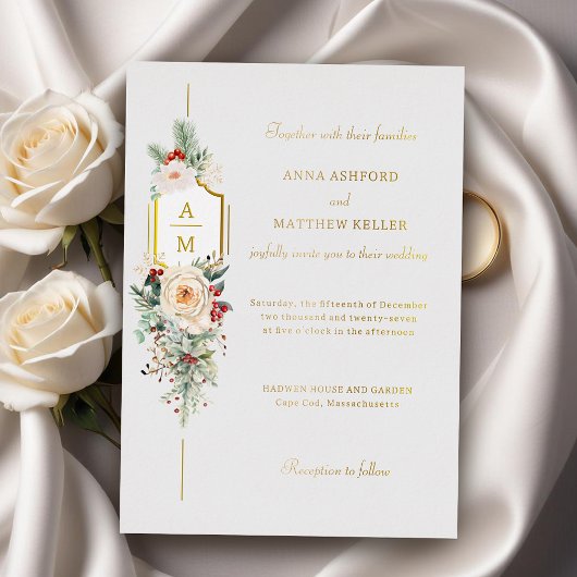 Invitation En Aluminium Simplement Élégant Monogramme Floral de Noël