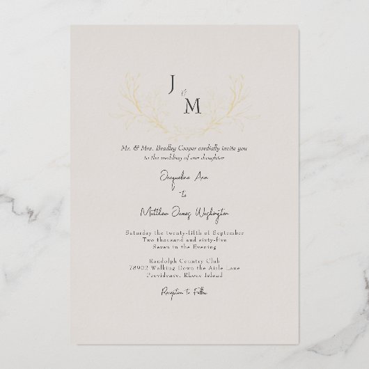 Invitation En Aluminium Simplement Elegant Taupe Foliage Mariage Or (Recto)