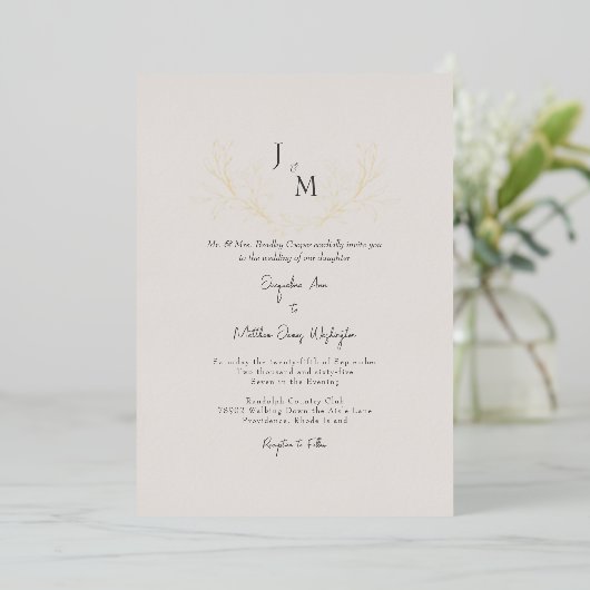 Invitation En Aluminium Simplement Elegant Taupe Foliage Mariage Or (Debout devant)