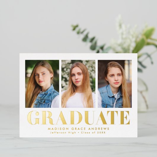 Invitation En Aluminium Simply Bold 3 Photo Graduation Party (Debout devant)