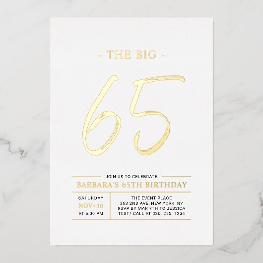 Invitation En Aluminium Sixty five | Modern Gold 65th Birthday Party (Recto)