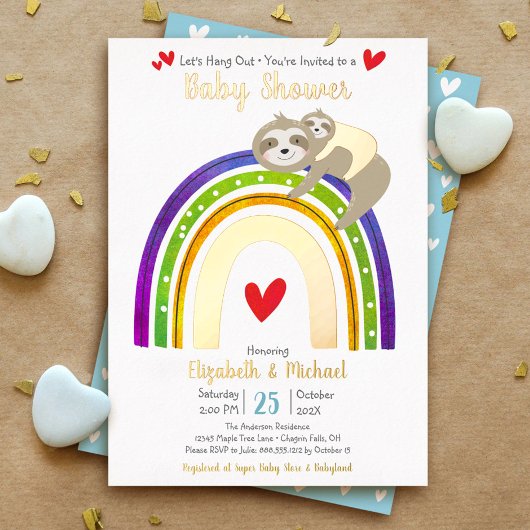 Invitation En Aluminium Sloth Rainbow Heart Boy Baby shower Cute Real Gold