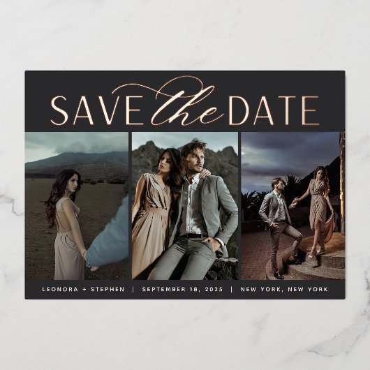 Invitation En Aluminium Smooth Script | Three Photo Save the Date (Recto)