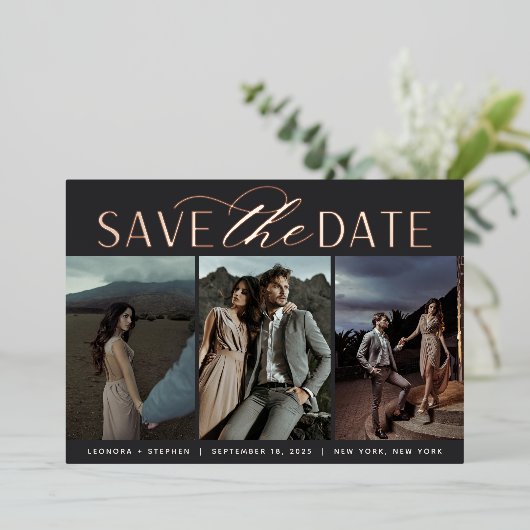 Invitation En Aluminium Smooth Script | Three Photo Save the Date (Debout devant)