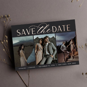 Invitation En Aluminium Smooth Script Three Photo Save the Date