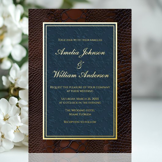 Invitation En Aluminium Snakeskin Cuir Victorien Mariage bleu Brown