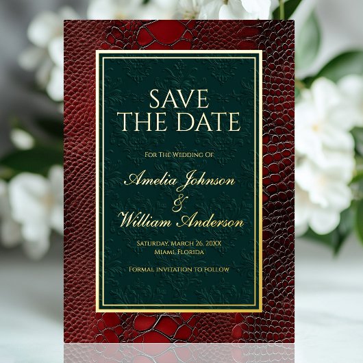 Invitation En Aluminium Snakeskin Cuir Victorien Rouge Enregistrer La Date