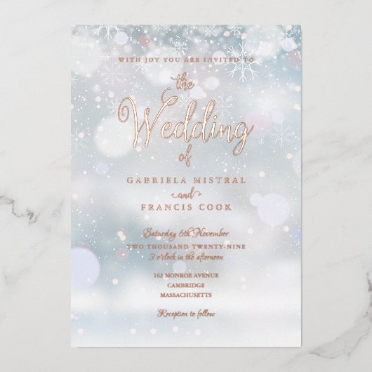 Invitation En Aluminium Snowflakes d'hiver Élégant Mariage Script (Recto)