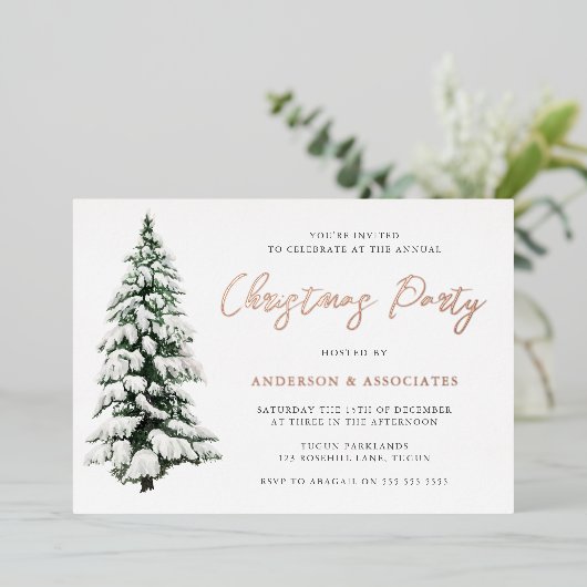 Invitation En Aluminium Snowy Christmas Tree Festive Noël Party Gold (Debout devant)