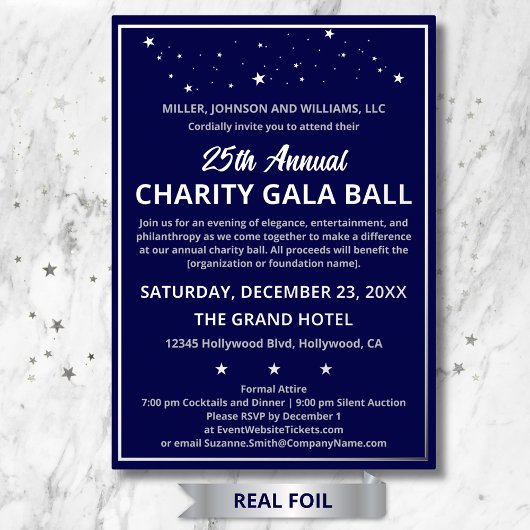 Invitation En Aluminium Société Charity Gala Ball Elégant Custom Silver