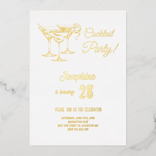 Invitation En Aluminium Soirée d'anniversaire au cocktail simple d'or (Recto)