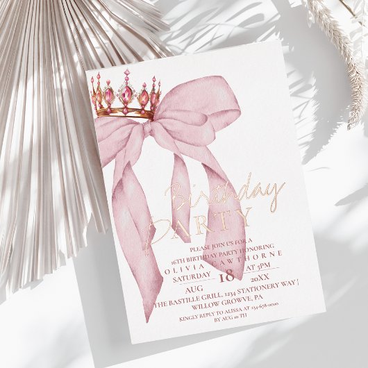Invitation En Aluminium Soirée d'Anniversaire Rose Rose Gold Bow
