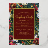 Invitation En Aluminium Soirée de Noël à cadre de fleurs d'or vert (Recto)