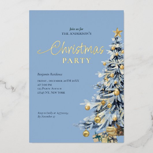 Invitation En Aluminium Soirée de Noël dans l'élégant Aquarelle Bleue (Recto)