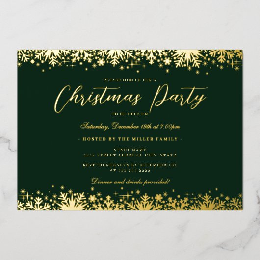 Invitation En Aluminium Soirée de Noël Elegant Gold Green Snowflake (Recto)