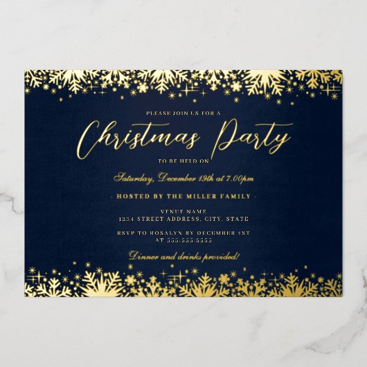 Invitation En Aluminium Soirée de Noël Elegant Gold Navy (Recto)