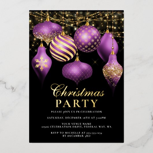 Invitation En Aluminium Soirée de Noël élégante en or violet (Recto)