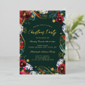 Invitation En Aluminium Soirée de Noël Rouge Vert Or Floral (Debout devant)