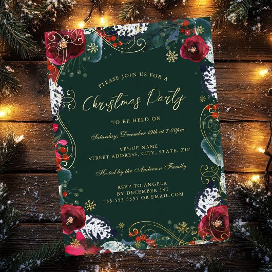 Invitation En Aluminium Soirée de Noël Rouge Vert Or Floral
