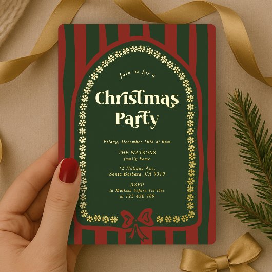 Invitation En Aluminium Soirée de Noël Vintage Rouge Vert