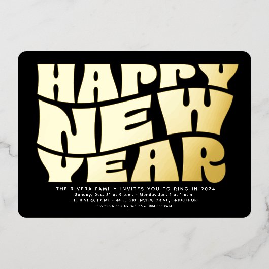 Invitation En Aluminium Soirée du Nouvel An fun rétro tendance or noir (Recto)
