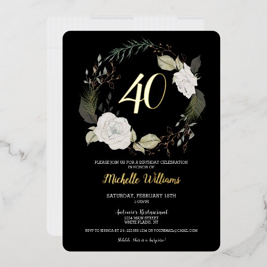 Invitation En Aluminium Soirée moderne 40e anniversaire Floral Wreath Gold (Enveloppe)